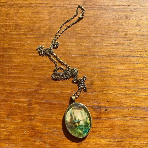 Oval Upcycled Chinese Paper Fan Rainy Pagoda Scene Clear Resin Pendant Necklace - Picture 4 of 5